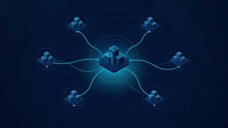 Ilustração de matriz e filial na prospecção B2B com hub central e unidades conectadas